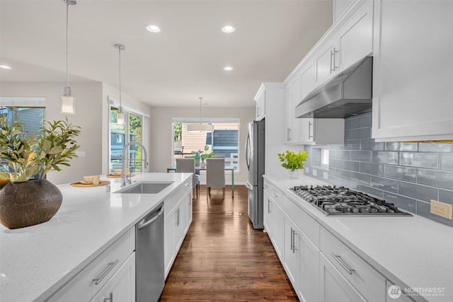 3071 S 276th Ct, Auburn, WA 98001 - kitchen featuring stainless steel appliances, under cabinet range hood, dark wood-style floors, recessed lighting, and white cabinetry