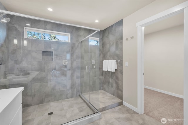 3071 S 276th Ct, Auburn, WA 98001 - bathroom with healthy amount of natural light, a shower stall, recessed lighting, and vanity