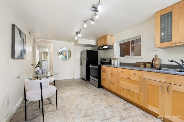 1536 NE 95th St, Seattle, WA 98115 - kitchen featuring stainless steel appliances, under cabinet range hood, a sink, glass insert cabinets, and dark countertops