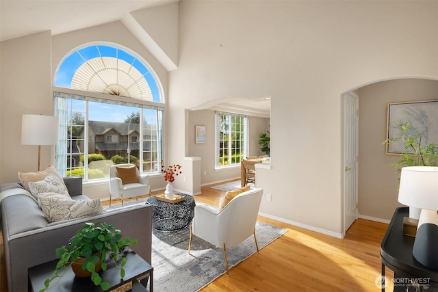 3316 Main Ave S, Renton, WA 98055 - living area featuring arched walkways, light wood-style flooring, high vaulted ceiling, and baseboards