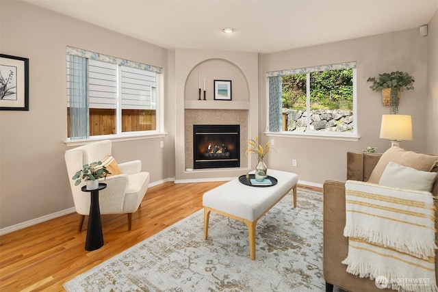3316 Main Ave S, Renton, WA 98055 - living area with wood finished floors, a glass covered fireplace, baseboards, and recessed lighting