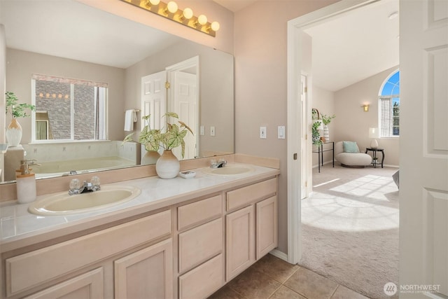 3316 Main Ave S, Renton, WA 98055 - full bathroom with double vanity, tile patterned floors, and lofted ceiling