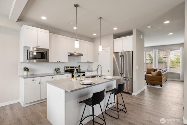3123 148th St SW Unit A6, Lynnwood, WA 98087 - kitchen with stainless steel appliances, a sink, under cabinet range hood, light wood-style flooring, and baseboards
