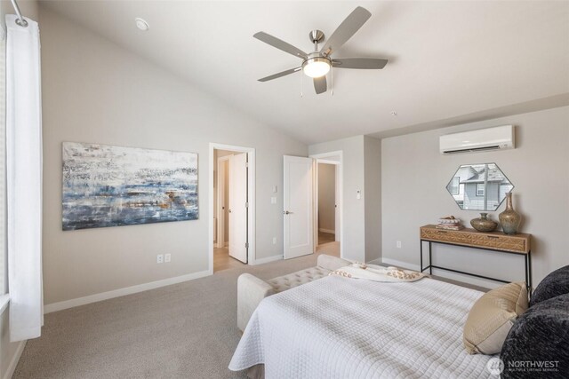 3123 148th St SW Unit A6, Lynnwood, WA 98087 - bedroom featuring a wall mounted AC, carpet, baseboards, vaulted ceiling, and ceiling fan