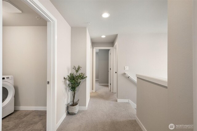 3123 148th St SW Unit A6, Lynnwood, WA 98087 - corridor with washer / clothes dryer, recessed lighting, baseboards, an upstairs landing, and carpet flooring