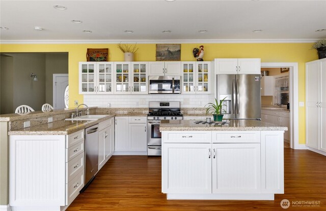 817 Shorecrest Dr, Oak Harbor, WA 98277 - kitchen featuring appliances with stainless steel finishes, a sink, a peninsula, decorative backsplash, and dark wood-type flooring