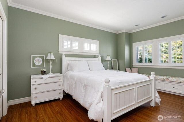 817 Shorecrest Dr, Oak Harbor, WA 98277 - bedroom with multiple windows, dark wood-type flooring, crown molding, and baseboards
