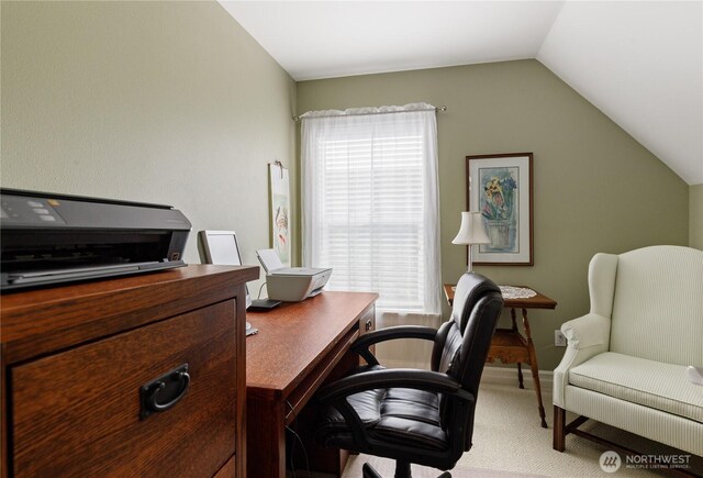817 Shorecrest Dr, Oak Harbor, WA 98277 - home office with lofted ceiling, light carpet, and baseboards