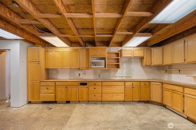 16605 259th Avenue Ct E, Buckley, WA 98321 - kitchen featuring light brown cabinetry, open shelves, unfinished concrete floors, and light countertops
