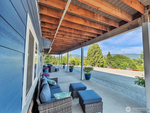 18754 Kim Pl, Burlington, WA 98233 - view of patio / terrace featuring outdoor lounge area and a mountain view