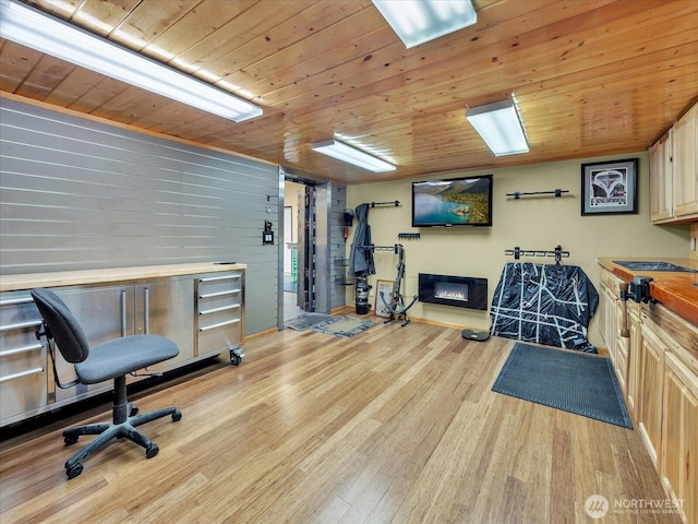 18754 Kim Pl, Burlington, WA 98233 - workout room with wood ceiling and light wood-style floors