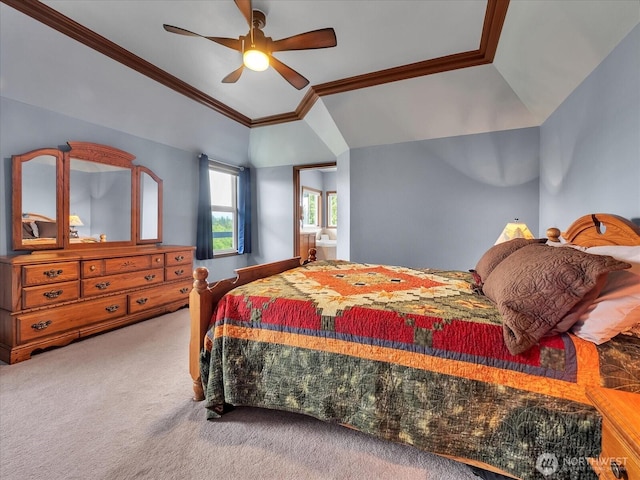 18754 Kim Pl, Burlington, WA 98233 - bedroom with carpet floors, lofted ceiling, a ceiling fan, and ornamental molding