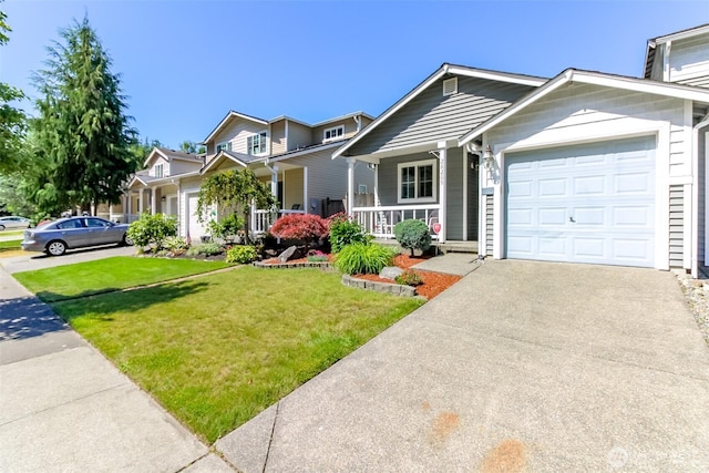 28209 241st Ave SE, Maple Valley, WA 98038 - view of front of house featuring covered porch, concrete driveway, a front yard, and an attached garage