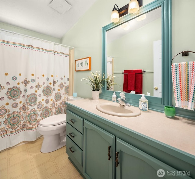 7459 SW 255th St, Vashon, WA 98070 - bathroom featuring vanity, toilet, tile patterned floors, and a shower with curtain
