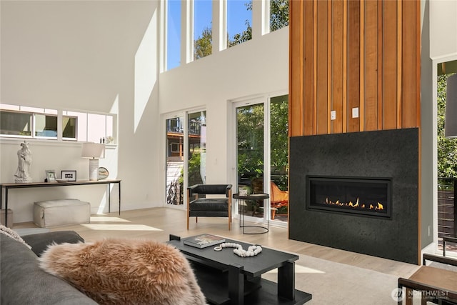 10227 26th Ave SW, Seattle, WA 98146 - living area featuring a high ceiling, a glass covered fireplace, and wood finished floors