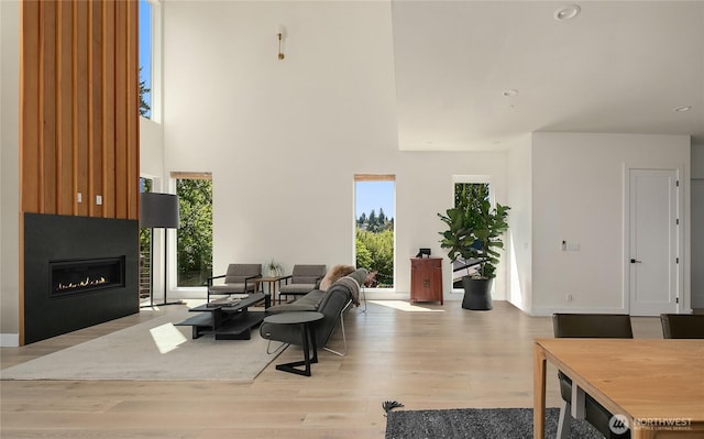 10227 26th Ave SW, Seattle, WA 98146 - living area with wood finished floors, healthy amount of natural light, a large fireplace, a high ceiling, and recessed lighting