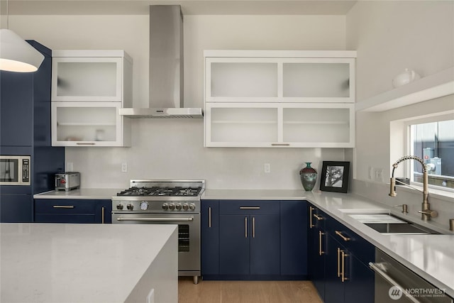 10227 26th Ave SW, Seattle, WA 98146 - kitchen with appliances with stainless steel finishes, wall chimney exhaust hood, blue cabinetry, and a sink