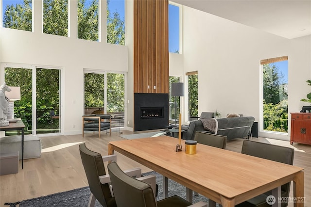 10227 26th Ave SW, Seattle, WA 98146 - dining space with a towering ceiling, a large fireplace, wood finished floors, and baseboards