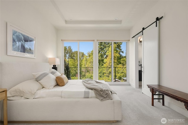 10227 26th Ave SW, Seattle, WA 98146 - bedroom featuring a barn door, light colored carpet, and a raised ceiling