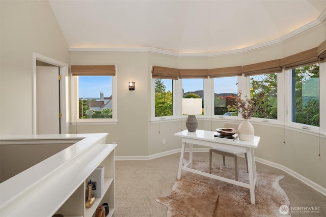 2532 Crestmont Pl W, Seattle, WA 98199 - home office featuring light colored carpet, baseboards, and vaulted ceiling