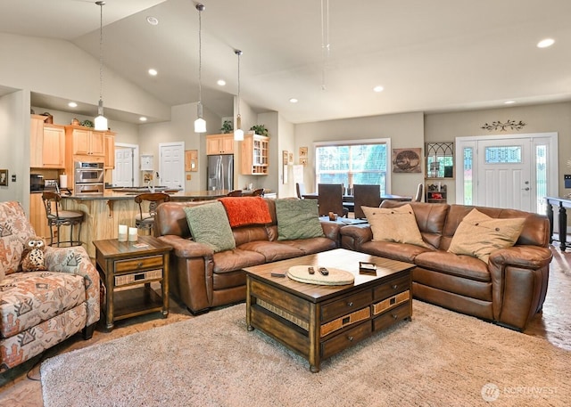 9135 Custer School Rd, Custer, WA 98240 - living area featuring recessed lighting, vaulted ceiling, and light colored carpet