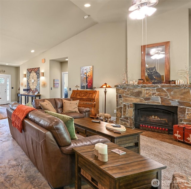 9135 Custer School Rd, Custer, WA 98240 - living room featuring lofted ceiling, a fireplace, a ceiling fan, and recessed lighting