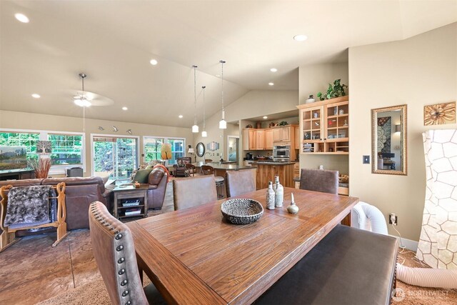 9135 Custer School Rd, Custer, WA 98240 - dining room featuring recessed lighting, ceiling fan, and high vaulted ceiling
