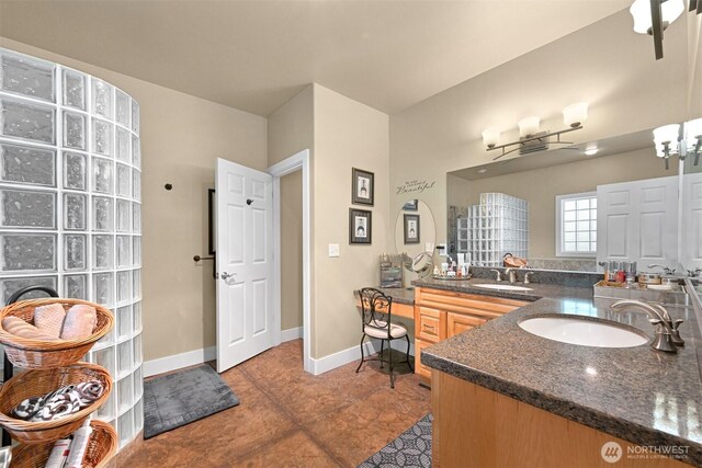 9135 Custer School Rd, Custer, WA 98240 - bathroom featuring vanity, tile patterned floors, baseboards, and a chandelier