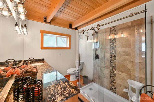 9135 Custer School Rd, Custer, WA 98240 - full bath with toilet, wood ceiling with exposed beams, a tile shower, and vanity