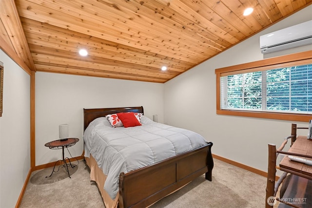 9135 Custer School Rd, Custer, WA 98240 - bedroom featuring vaulted ceiling, wooden ceiling, a wall mounted air conditioner, carpet, and baseboards