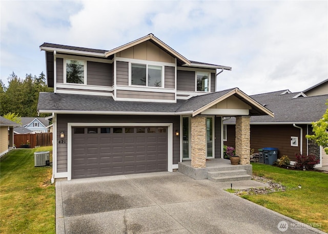 421 Lofgrin Rd, Sequim, WA 98382 - view of front of house featuring central AC unit, an attached garage, concrete driveway, board and batten siding, and a shingled roof