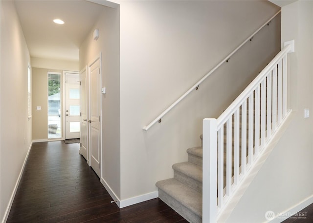 421 Lofgrin Rd, Sequim, WA 98382 - stairway featuring baseboards, hardwood / wood-style flooring, and recessed lighting