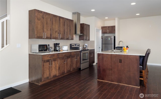 421 Lofgrin Rd, Sequim, WA 98382 - kitchen with appliances with stainless steel finishes, wall chimney range hood, dark wood-style floors, a sink, and recessed lighting