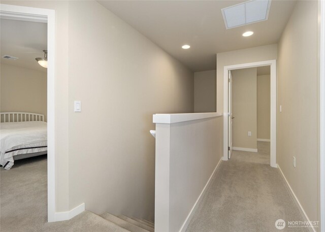 421 Lofgrin Rd, Sequim, WA 98382 - hallway with carpet floors, an upstairs landing, baseboards, and recessed lighting