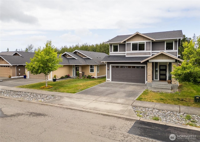 421 Lofgrin Rd, Sequim, WA 98382 - view of front of home with board and batten siding, an attached garage, a front lawn, and concrete driveway