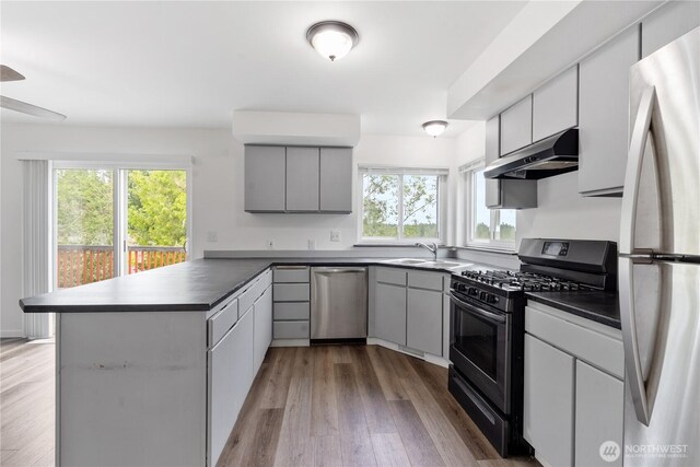 1258 NW Timber Shadow Ct, Silverdale, WA 98380 - kitchen with appliances with stainless steel finishes, under cabinet range hood, a peninsula, a sink, and wood finished floors