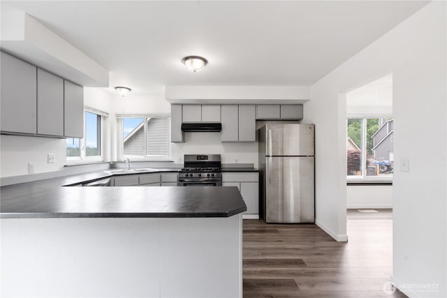 1258 NW Timber Shadow Ct, Silverdale, WA 98380 - kitchen featuring appliances with stainless steel finishes, gray cabinetry, under cabinet range hood, dark countertops, and a peninsula