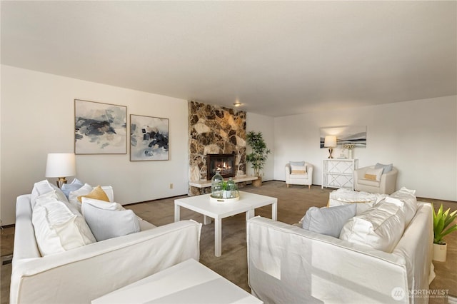 18801 86th Pl W, Edmonds, WA 98026 - living room featuring a stone fireplace and carpet flooring
