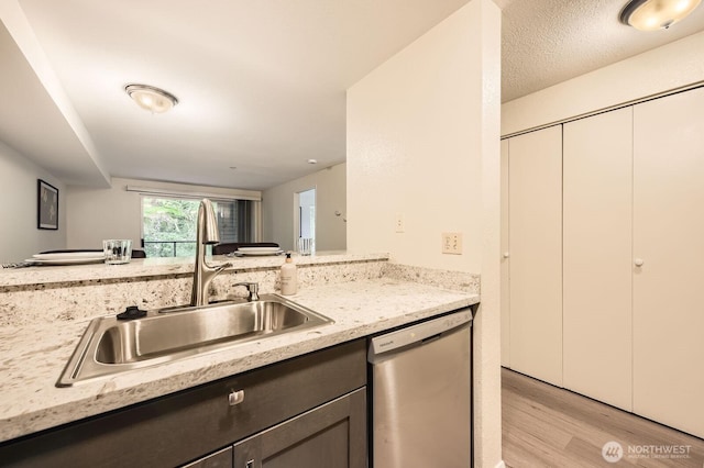 3022 SW Bradford St Unit 205, Seattle, WA 98126 - kitchen with dishwasher, a sink, light wood-style floors, and light stone counters