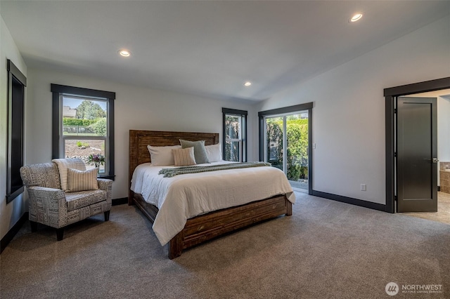 628 Meadows Dr, Wenatchee, WA 98801 - bedroom featuring carpet, access to outside, baseboards, recessed lighting, and lofted ceiling