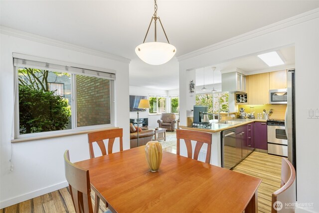 732 11th Ave E Unit 202, Seattle, WA 98102 - dining space with light wood finished floors, crown molding, and baseboards