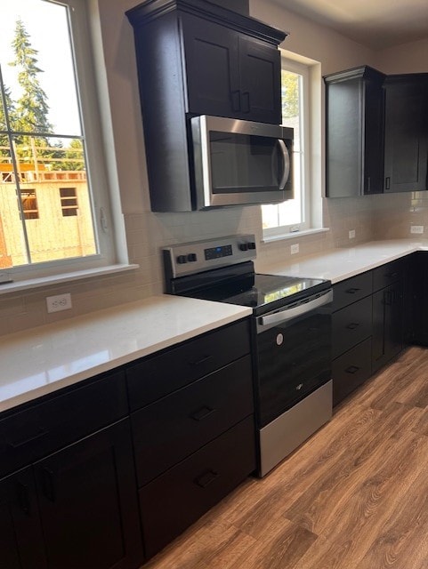 12092 126th Avenue Ct E Unit 70, Puyallup, WA 98374 - kitchen with appliances with stainless steel finishes, backsplash, light countertops, light wood-style flooring, and dark cabinets