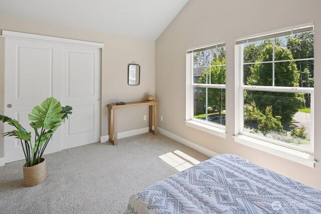 7121 Shinkle Pl SW, Seattle, WA 98106 - bedroom featuring vaulted ceiling, light carpet, and baseboards