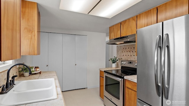 19932 NE 175th St, Woodinville, WA 98077 - kitchen with appliances with stainless steel finishes, under cabinet range hood, tasteful backsplash, light countertops, and brown cabinetry