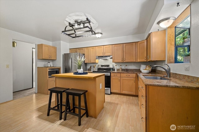7223 NE 160th St, Kenmore, WA 98028 - kitchen with stainless steel appliances, under cabinet range hood, a sink, wood counters, and a kitchen island