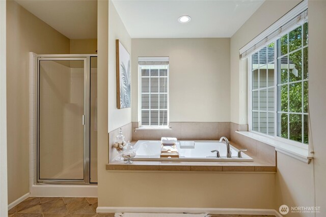 18307 38th Dr SE, Bothell, WA 98012 - full bathroom with a stall shower, a bath, baseboards, tile patterned floors, and recessed lighting