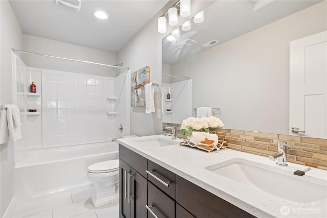 4008 223rd Pl SE, Bothell, WA 98021 - full bathroom featuring bathtub / shower combination, double vanity, tile patterned flooring, recessed lighting, and backsplash