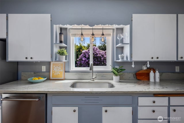 1254 Mchugh Ave, Enumclaw, WA 98022 - kitchen with a sink, stainless steel dishwasher, open shelves, and white cabinets