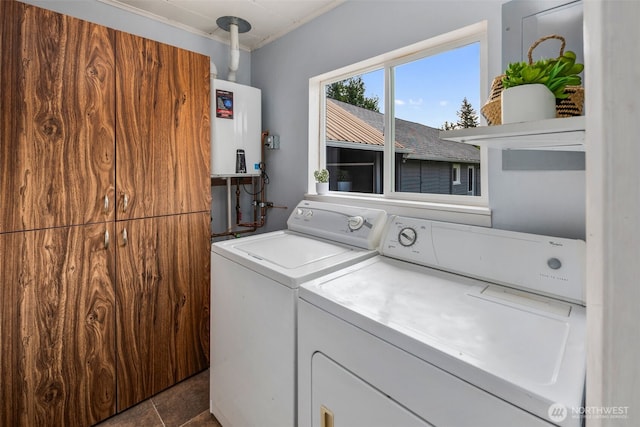 1254 Mchugh Ave, Enumclaw, WA 98022 - washroom with washing machine and clothes dryer, water heater, and crown molding