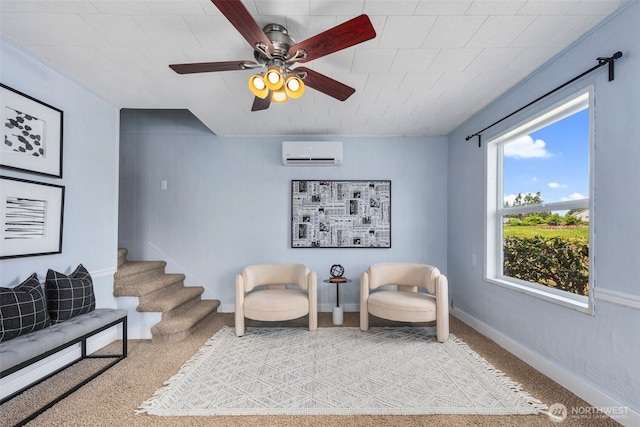 1254 Mchugh Ave, Enumclaw, WA 98022 - sitting room featuring a wall mounted AC, carpet, ceiling fan, stairway, and baseboards